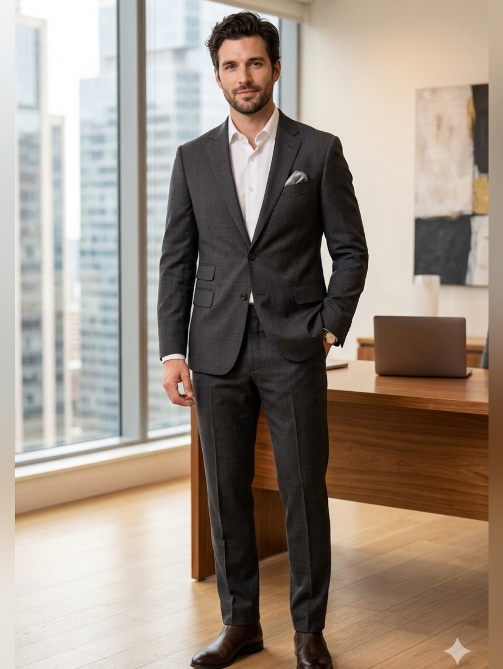 SAMUELSOHN SUPER 130’S 100% WOOL SUIT – CHARCOAL WINDOWPANE TAILORED BUSINESS FO